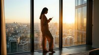 Woman in brown business suit standing by floor-to-ceiling windows in high-rise office, holding smartphone, overlooking cityscape at sunset. Corporate professional using mobile technology.
