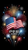 Fourth of July celebration poster with American flag and colorful fireworks display on black background for Independence Day patriotic holiday design.