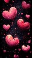 Glowing pink hearts floating in dark space with sparkles and small heart silhouettes creating romantic Valentine's Day atmosphere on black background.