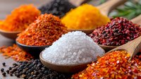 Colorful aromatic spices and seasonings in wooden spoons on dark background, including sea salt, chili flakes, turmeric powder, black peppercorns and paprika.