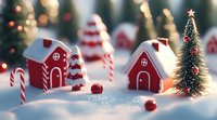 Miniature Christmas village scene with red gingerbread houses, candy canes, and decorated pine tree in magical winter snow setting with soft bokeh lights.