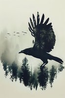 Double exposure silhouette of flying raven combined with misty pine forest landscape and flock of birds in monochrome style, creating mysterious atmosphere.