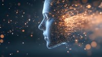 Digital profile of human head dissolving into glowing particles against dark background with luminous bokeh effect and scattered light points. Concept of artificial intelligence.