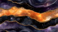 Abstract cosmic background with golden fluid wave on dark space. Magical galaxy artwork featuring orange and purple nebula clouds with glitter and stars.