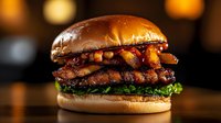 Juicy double bacon cheeseburger with caramelized onions and fresh lettuce on brioche bun against dark restaurant background with warm bokeh lights.