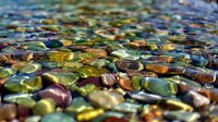 Colorful smooth river stones underwater creating a vibrant mosaic of natural textures with light reflections on the surface.