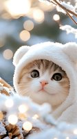 Adorable cat wearing white winter hood against snowy background with magical bokeh lights, close up portrait showing expressive eyes and pink nose.