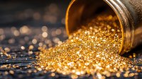 Shimmering gold glitter spilling from glass jar on dark surface with bokeh light effects, creating luxurious festive mood for holiday designs and celebrations.