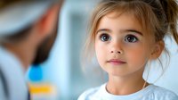Young girl with blue eyes and light brown hair in updo looking up attentively during medical checkup or pediatric consultation at doctor's office.