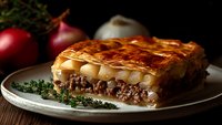 Homemade cottage pie with golden mashed potato topping on rustic plate, dark moody food photography with onions and herbs in background, comfort food.