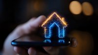 Glowing holographic house icon floating above smartphone screen with bokeh background, representing smart home technology and digital real estate concept.