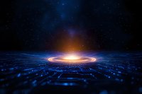 Glowing digital horizon with orange light burst on blue grid surface against starry space background, representing technological advancement and digital future.