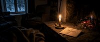 Cozy rustic interior with glowing candle, open letter reading I'm Sorry, fireplace warmth, and snowy window view creating moody atmospheric scene.