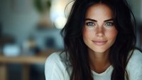 Young woman with freckles and dark hair wearing white sweater smiling at camera in soft natural window light, close up portrait with shallow depth of field and bokeh background.