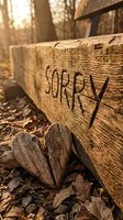 Word SORRY carved into rustic wooden bench with two wooden hearts on autumn leaves, warm golden light in forest background.