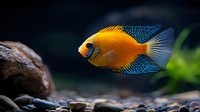 Vibrant orange and blue angelfish swimming in aquarium with natural rock and pebble bottom setting against dark background, showcasing exotic tropical fish species.