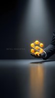 Businessman in dark suit holding glowing golden geometric cubes representing retail innovation, logistics, and supply chain management on reflective surface.