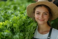 Young female farmer in straw hat smiling while holding fresh green celery stalks in garden. Natural organic produce and sustainable agriculture concept.
