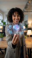 Young African American businesswoman holding glowing digital brain lightbulb with tech icons representing innovation and artificial intelligence in modern office.