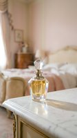 Luxury fragrance bottle with golden liquid displayed on marble vanity in elegant bedroom setting, perfect for perfume, beauty, and lifestyle marketing.