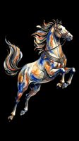 Majestic horse with flowing mane and tail, featuring watercolor-style coat in warm and cool tones, isolated on transparent background, ready for t-shirts, stickers, and print-on-demand designs.