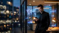 Professional businessman using smartphone in modern office with digital data displays and city lights background at night.