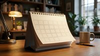 Blank spiral desk calendar on wooden table in cozy home office with lamp, mug, and bookshelf, ready for scheduling and planning.