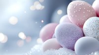 Pastel Easter eggs in soft pink, purple and white with speckled patterns against dreamy bokeh background. Gentle holiday composition with delicate lighting effects.
