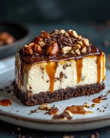 Decadent layered cheesecake slice with chocolate crust, creamy filling, caramel drizzle, and roasted nuts on top, served on plate for dessert.