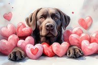 Chocolate Labrador retriever lying among pink and red watercolor hearts, romantic Valentine's day composition with sweet dog expression and paws visible.