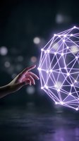 Human hand reaching toward glowing purple geometric sphere with connected nodes and lines representing digital network technology and artificial intelligence.