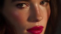 Close up portrait of young Asian woman with bright red lipstick and dramatic lighting highlighting facial features against dark background, focus on lips and eyes.