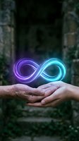 Glowing neon infinity symbol floating above cupped hands representing eternal connection, endless possibilities, and limitless potential in nature setting.