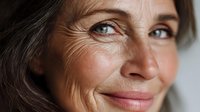 Close-up portrait of mature Caucasian woman with natural wrinkles, smiling gently against light background, showcasing authentic aging and confidence.