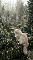 Fluffy white cat standing on weathered fence in overgrown garden surrounded by ivy, moss-covered statues and misty atmosphere, evoking mysterious abandoned place.