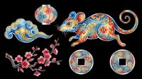 Ornate decorative Asian design elements featuring colorful patterned rat, coins, blossoms and swirls isolated on transparent background. Ready for t-shirt design, clipart, stickers, sublimation and print-on-demand projects.