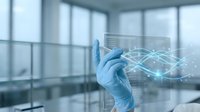 Medical professional in blue gloves holding futuristic holographic data visualization in modern laboratory setting for healthcare technology research.