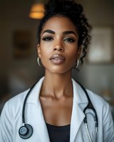 Young African American female medical professional wearing white coat and stethoscope, with natural curly hair and professional makeup, looking confidently at camera.