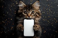 Adorable tabby kitten holding blank smartphone screen on dark background with golden confetti for holiday marketing and tech promotions.