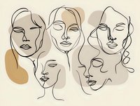 Minimalist line art of five female faces with abstract shapes on beige background. Contemporary one-line drawing style for modern home decor.