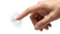 Human hand finger touching transparent holographic interface button on white background for futuristic technology and digital interaction concepts.
