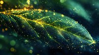 Glowing green leaf with magical golden bokeh lights and sparkles on dark background creates ethereal nature atmosphere for fantasy designs.