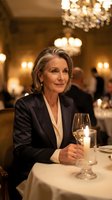 Elegant mature businesswoman enjoying wine at upscale restaurant with chandelier lighting for corporate dining and hospitality concepts.