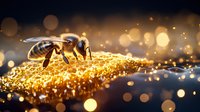 Honey bee collecting golden pollen on glittering surface with magical bokeh lights and sparkles in warm evening sunlight, macro nature photography.