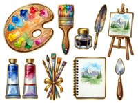 Artist supplies collection with wooden palette, paintbrushes, ink bottles, feather quill, easel with landscape painting, and palette knife isolated on white background for design projects.