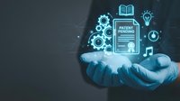 Businessman hands presenting glowing intellectual property icons including patent pending document, gears, lightbulb and book symbols for innovation concepts.