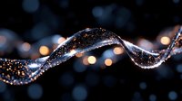 Glowing wave of sparkling particles flowing on dark background with bokeh lights creates magical atmosphere for festive designs and backgrounds.