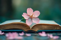 Delicate pink flower blooming from open book pages with scattered petals on teal surface, symbolizing knowledge, growth, and nature's beauty for educational and inspirational designs.