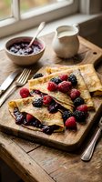 Delicious homemade crepes with fresh berries and jam served on wooden board with milk pitcher for breakfast or brunch meal.