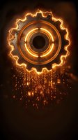 Fiery gear wheel with electric lightning sparks and glowing orange flames on dark background for industrial technology and engineering concepts.